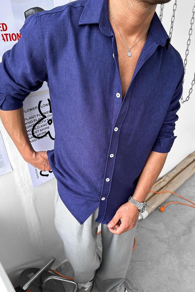 Ανοιχτό Navy Blue Basic Relaxed πουκάμισο - 3