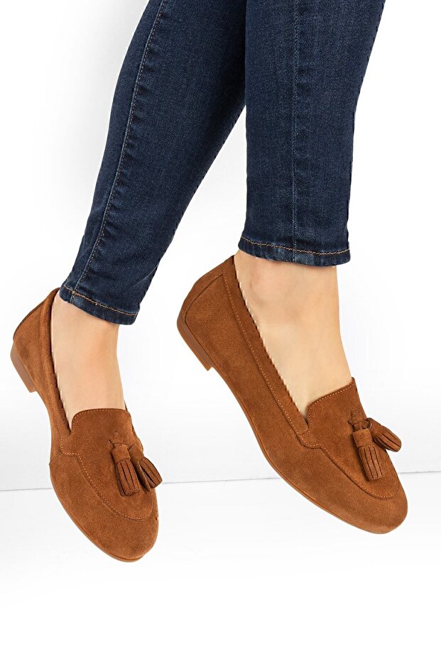 Genuine Suede Tan Color Women's Ballerinas