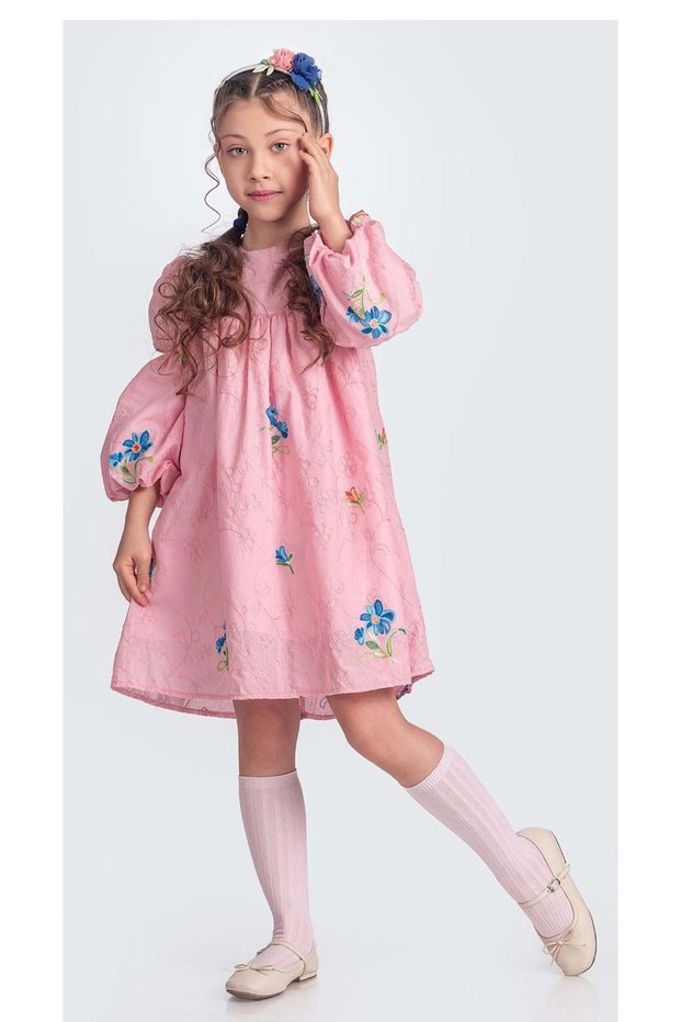 Authentic Mediterranean Floral Embroiderygirl's Muslin Dress M00706 Pink