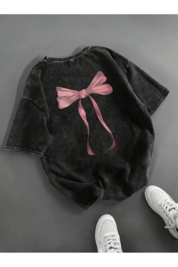 Hátoldalon nyomtatott masni mosott Oversize Vintage póló - 1