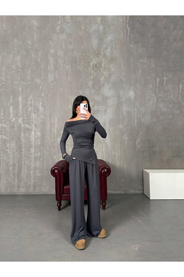 Modal Fabric Draped Asymmetrical Cut Blouse Pants Anthracite Double Suit