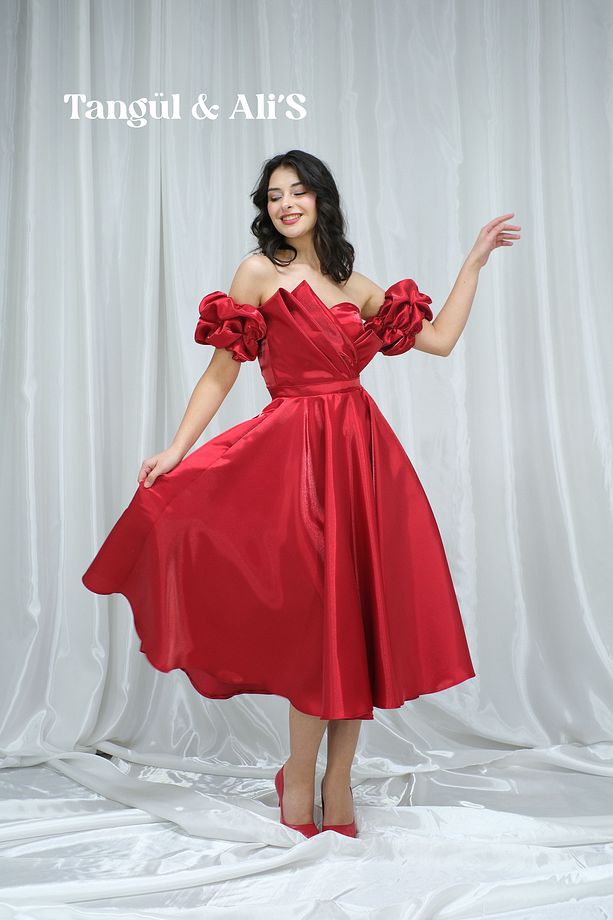 Cepli Saten Kırmızı Midi Elbise - 2