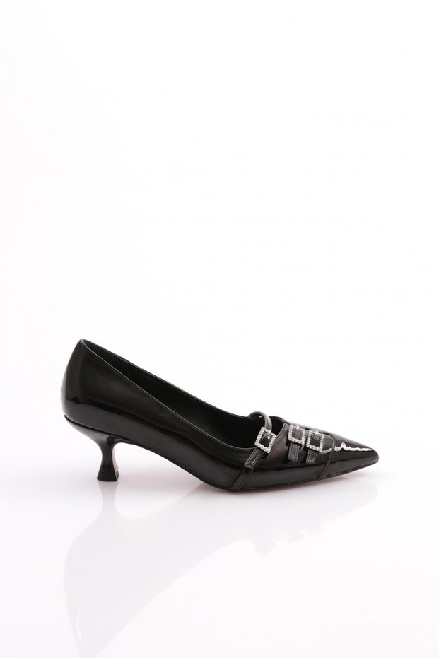 Short Heeled Women's Shoes with Buckle Front Black Patent Leather 3961535