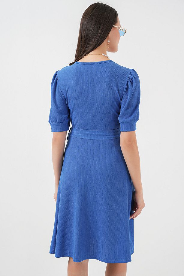 2370 Kuşaklı Örme Elbise - Saks - 6