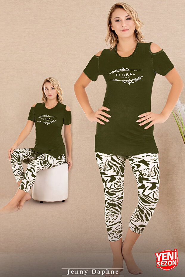 Viscose Green Color Print Short Sleeve Off the Shoulder Detailed Relaxed Fit Capri Pajama Set 12070