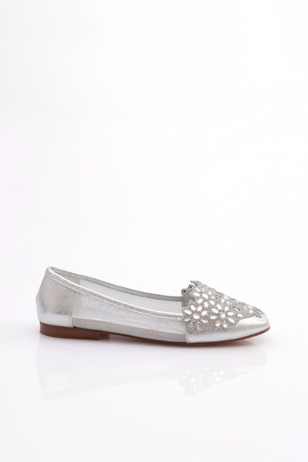 K196 Women's Front Embroidered Ballerina Ballerina Silver Plastering