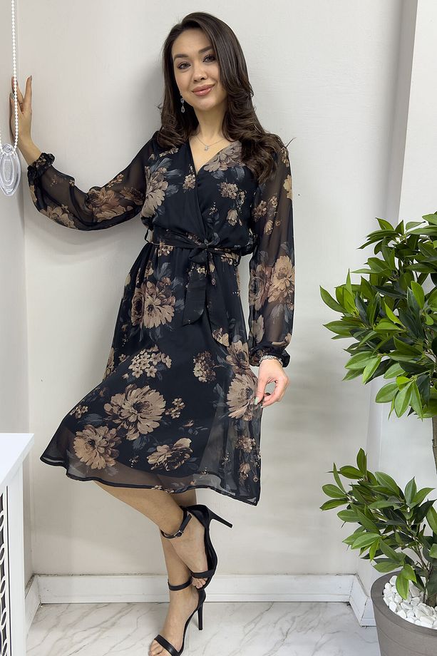 Kadın Kruvaze Yaka Kısa Şifon Elbise Kahvrengi Çiçekli, Batik Desenli - 4