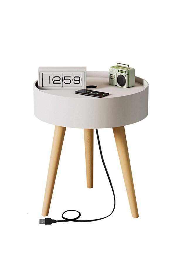 طاولة قهوة بجانب السرير مع سعة تخزين كبيرة وشحن لاسلكي وطاولة بجانب السرير