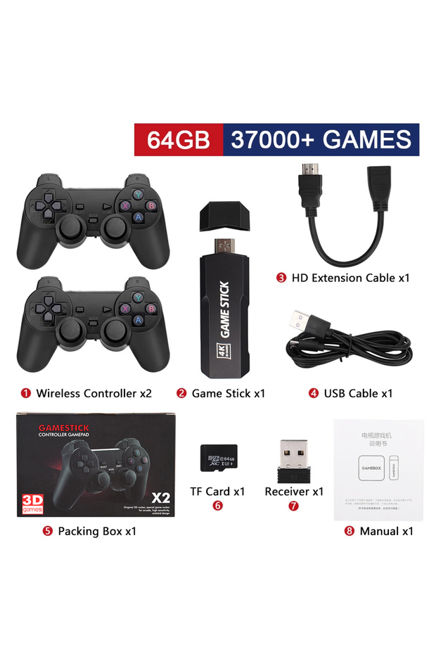 64G 37000GAMES GD10 Game Stick 256G 4K HD Video Game Console Double Wireless 2.4G Controller Retro C