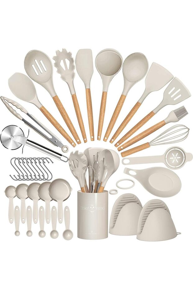 Khaki 36pcs silicone utensil cooking set with holder