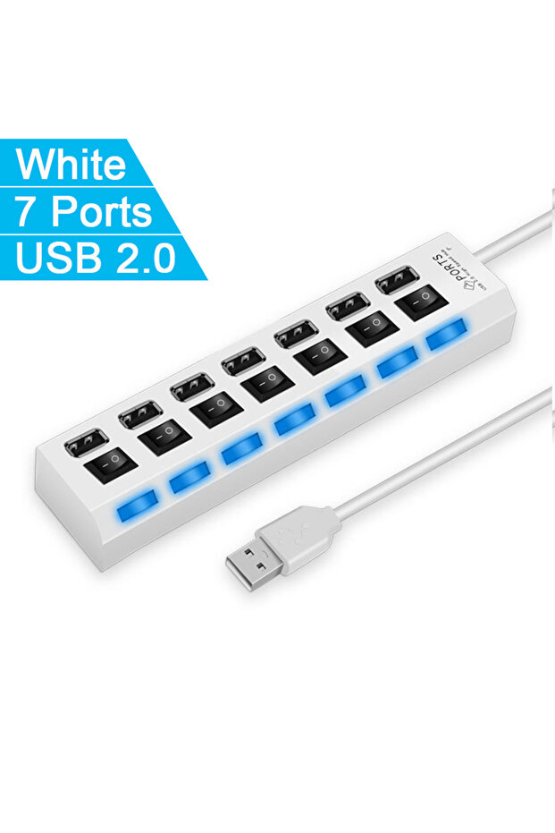 محول USB HUB 2.0 عالي السرعة 4/7 منافذ باللون الأبيض مع موسع وموزع USB متعدد وموسع متعدد