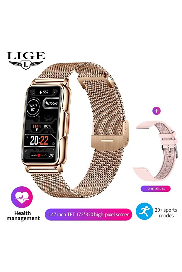 LIGE Mesh belt gold For Android IOS Smart Bracelet Women Smartwatch Men Heart Rate Blood Oxygen Wate