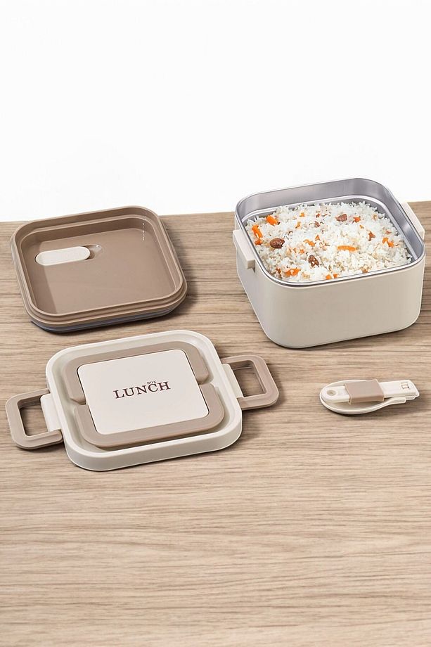 Bento Taşınabilir Paslanmaz Çelik Yemek Kabı Lunch Box Kare Bej 700Ml - 1