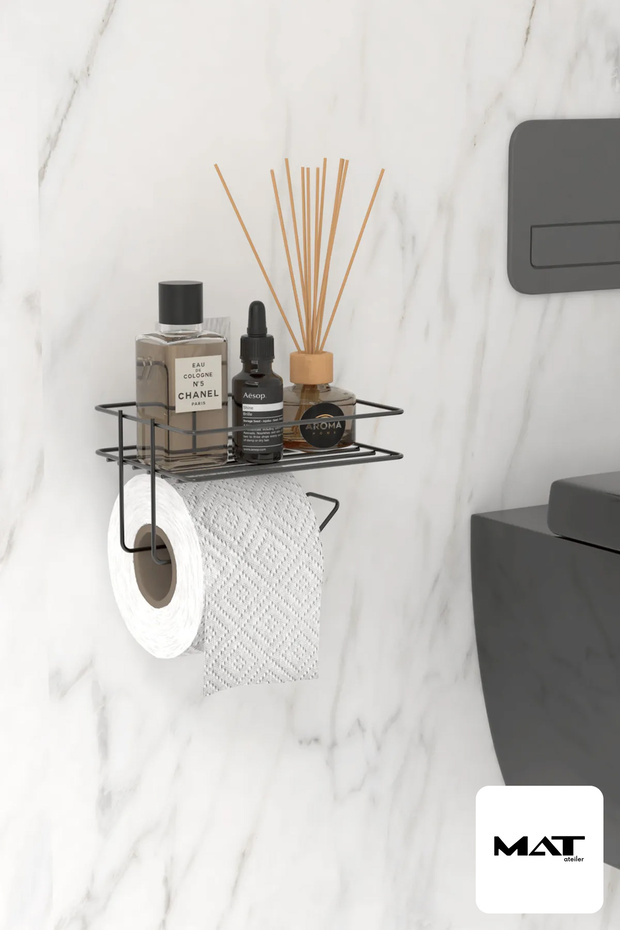 Yapışkanlı Tuvalet Kağıtlığı Tutacağı Askısı Siyah Metal Tuvalet Kağıtlı Yedekli Wc Kağıtlık Raf - 5