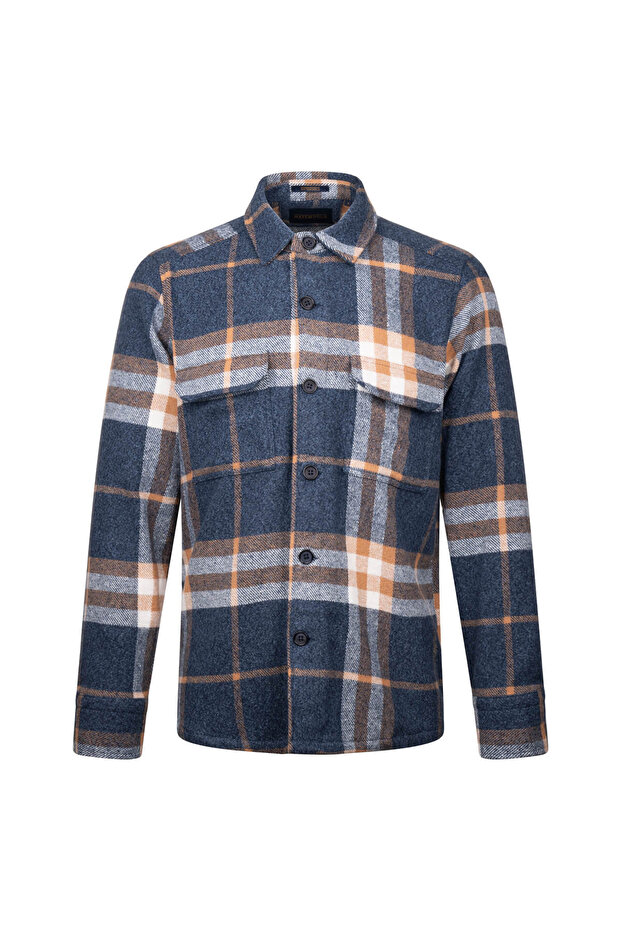 Lacivert Regular Fit Shacket Uzun Kol Pamuklu Kareli Gömlek - 1