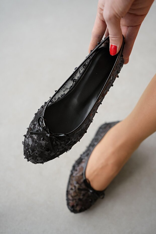 Andre Tulle Detailed Sequin Embroidered Bow Women's Ballerinas