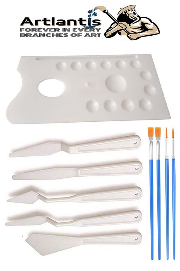 Plastik 13 Hazneli Resim Paleti 5 li Plastik Spatula ve Resim Fırçası 1 Paket Ressam Paleti Sanatsal - 1