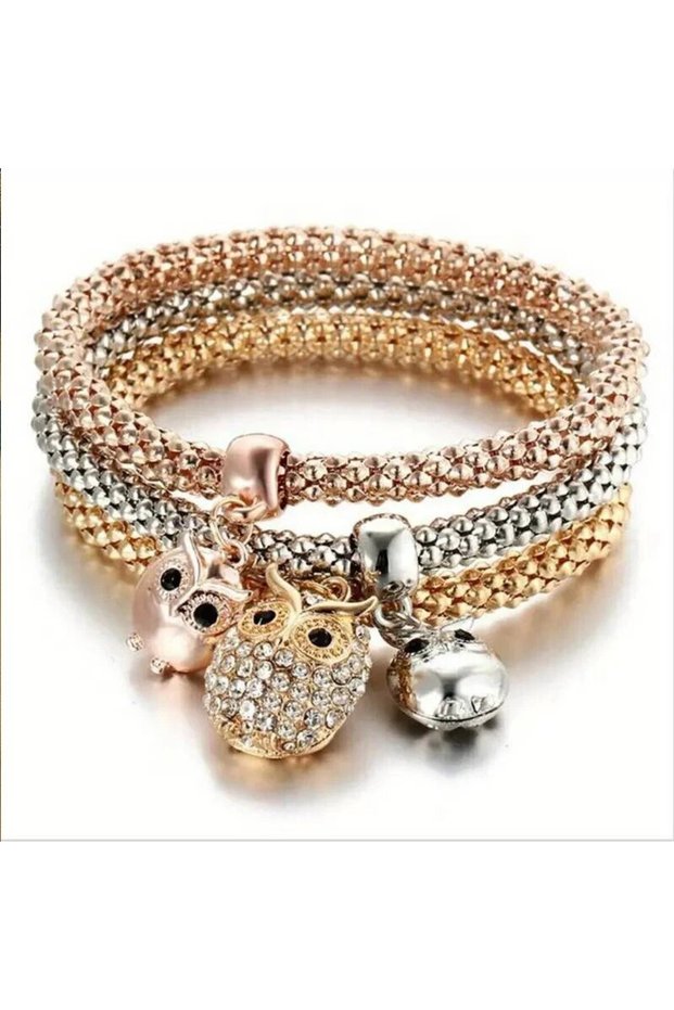 sku3 3 PCS Set Heart Lock Key Music Sign Charm Bracelet Owl Rose Gold Plating Silver Color Chain Owm