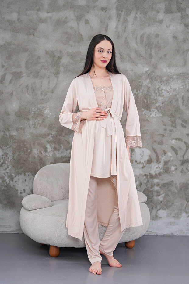Women's Beige Lace Maternity Maternity Dressing Gown Pajama Set
