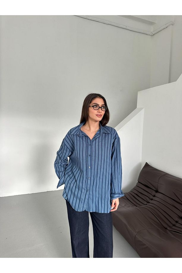 Lacivert Şeritli Oversize Gömlek - 5298 - 1