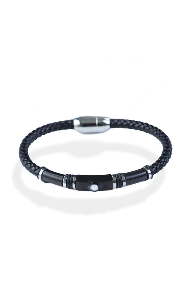 Jewelled Braided Leather Steel Bracelet