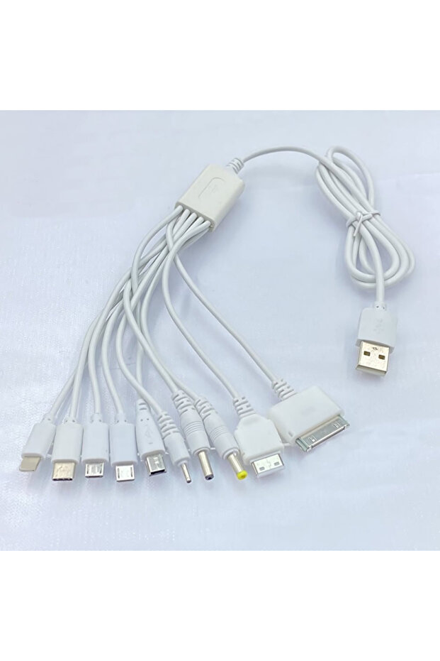 كابل USB عالمي 10 في 1 أبيض بطول 1 متر، كابل شحن متعدد متوافق مع العديد من الهواتف المحمولة، بلو تو
