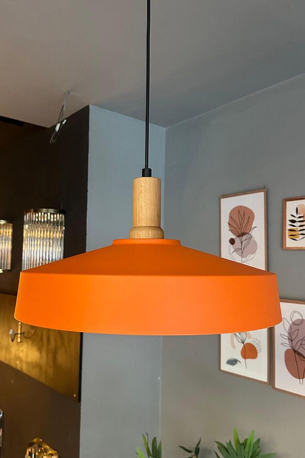 Açe Turuncu Tekli Fener Ahşap Başlık Avize Retro Sarkıt Ofis Showroom Salon Mutfak Avizeleri - 2