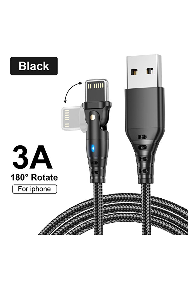 كابل شحن سريع USB أسود قابل للدوران بطول 1 متر لأجهزة iPhone 14 و13 و12 و11 Pro Max وX وXR وXS و7 و8 و6 لنقل البيانات