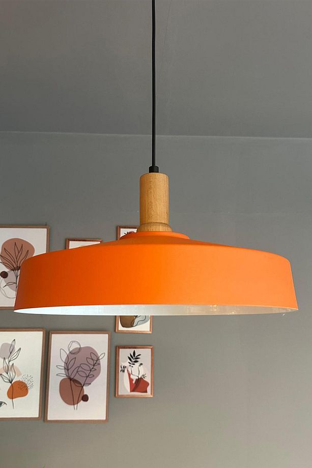 Açe Turuncu Tekli Fener Ahşap Başlık Avize Retro Sarkıt Ofis Showroom Salon Mutfak Avizeleri - 5