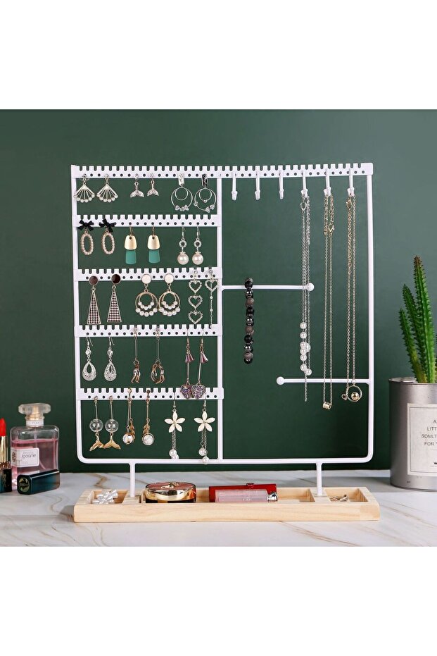 WHITE Multifunctional Earring Display Rack Necklace Ring Storage Rack Detachable Wooden Bottom Women
