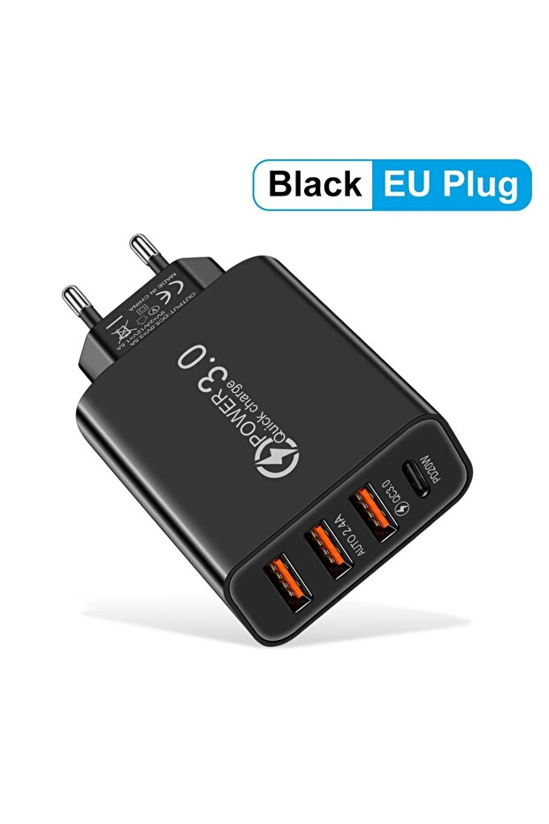 شاحن حائط متعدد المنافذ USB PD بقدرة 20 وات باللون الأسود من الاتحاد الأوروبي لأجهزة iPhone 13 12 للهواتف المحمولة...