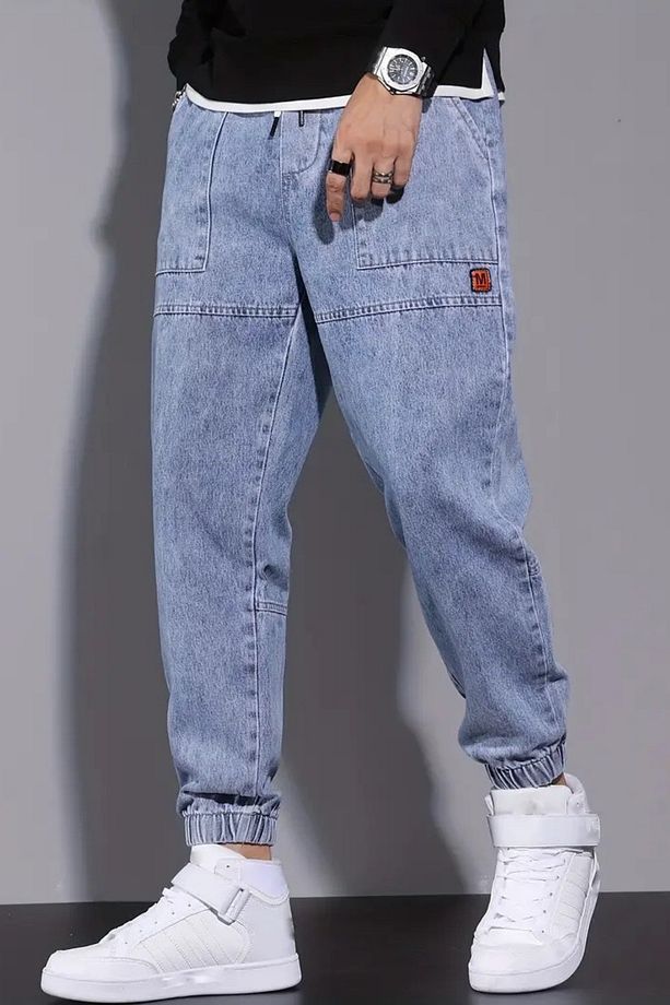 Erkek Mavi Bel Ve Paça Lastikli Jogger Kot Pantolon - 1