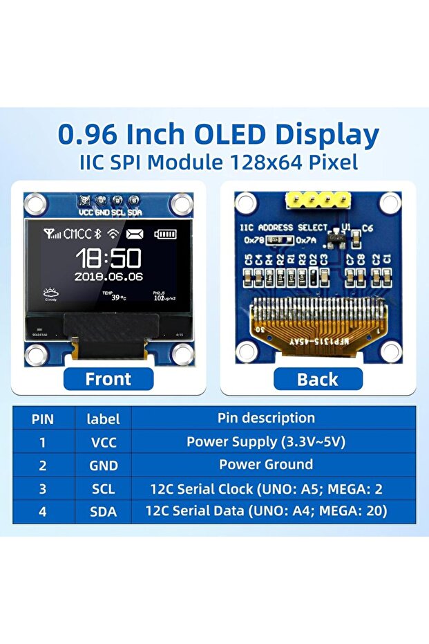 white 0.96 Inch OLED Display Module, 128x64 Pixel I2C SSD1306 Luminous OLED Screen Board Compatible - 1