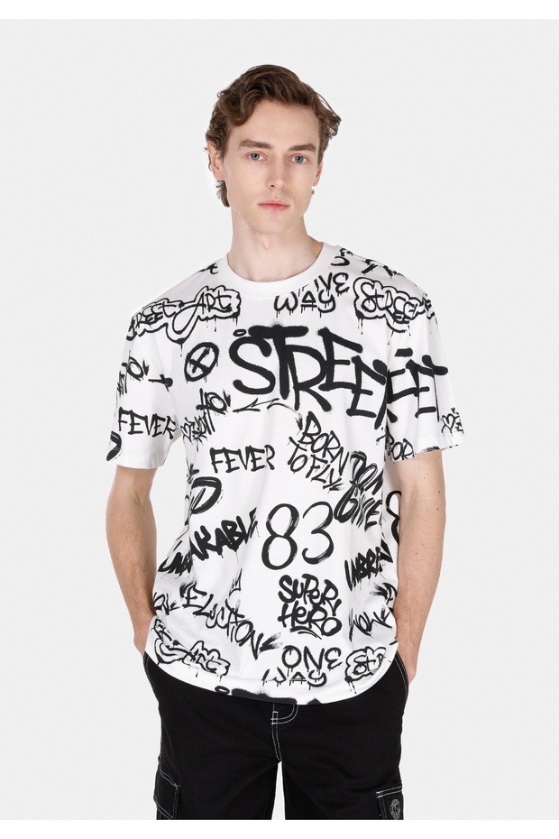 Comfort Fit Round Neck Printed Men's White Short Sleeve T-Shirt Cl 1073103