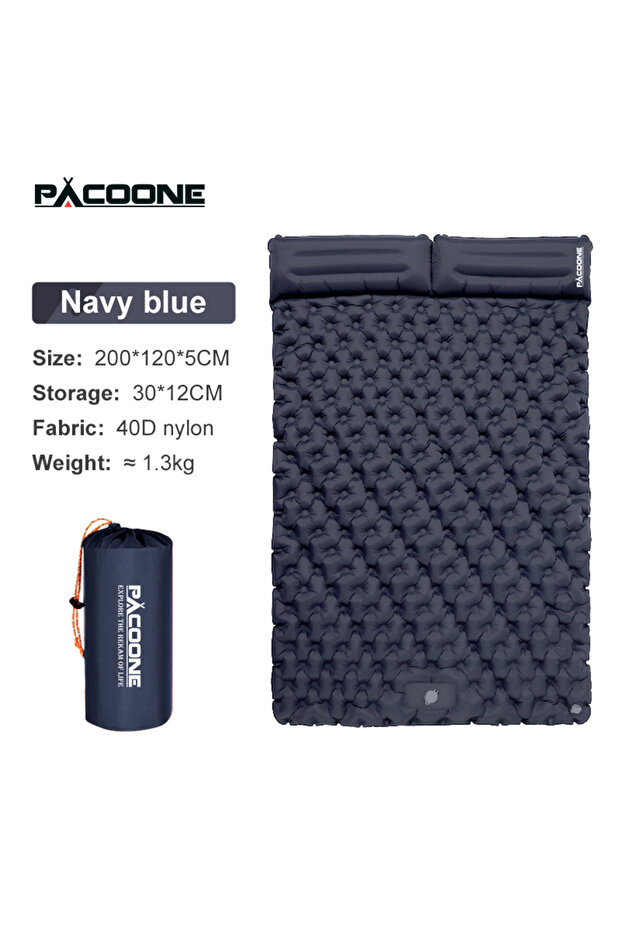 مرتبة PACOONE مزدوجة قابلة للنفخ للتخييم في الهواء الطلق باللون الأزرق الداكن، وسادة نوم عريضة للغاية قابلة للطي وخفيفة الوزن