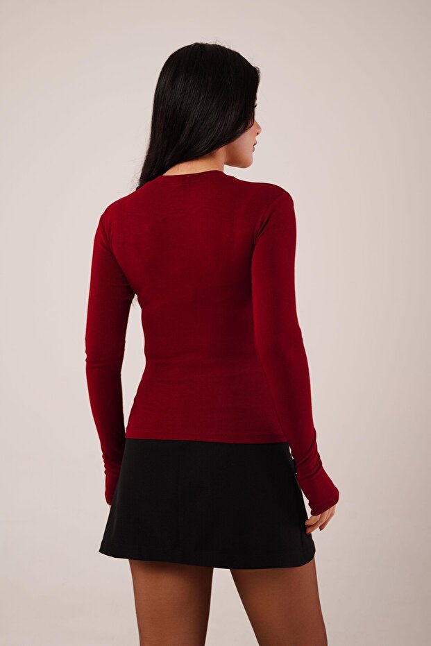 Long Sleeve Basic Burgundy Blouse - 6