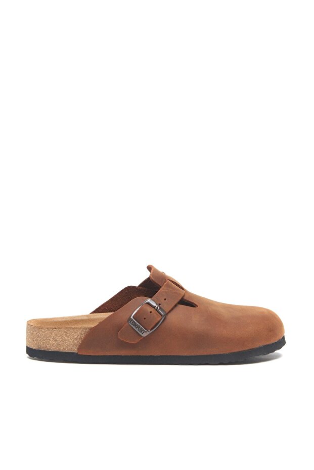 Unisex Kahverengi Deri Anatomik Mantar Tabanlı Terlik - 2