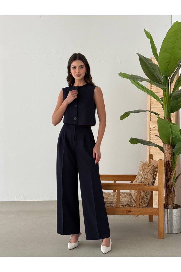 Yandan Slit Detail Vest with Pants Double Suit
