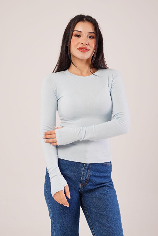 Uzun Kollu Basic Bebe Mavisi Bluz - 6