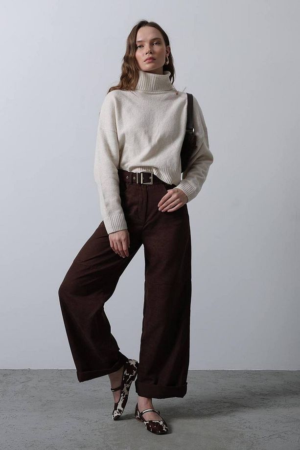 Kadın Western Süet Kemerli Pantolon Acı Kahve - 1