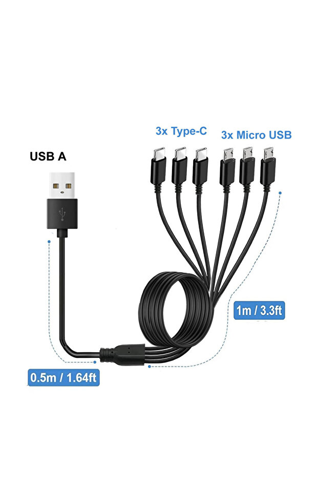 كابل موزع 6 في 1 من نوع Micro USB/Type C من A إلى 6 في 1 (150 سم) كابل موزع 6 في 1 من نوع Micro USB/Type C 3 في 1 من USB إلى Micro USB/Type C