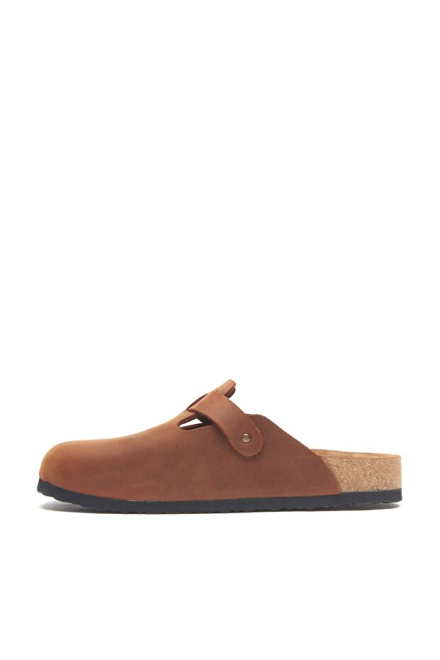 Unisex Kahverengi Deri Anatomik Mantar Tabanlı Terlik - 3