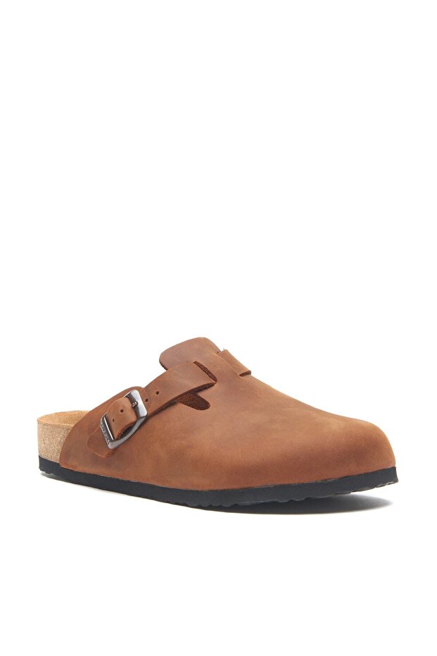 Unisex Kahverengi Deri Anatomik Mantar Tabanlı Terlik - 1