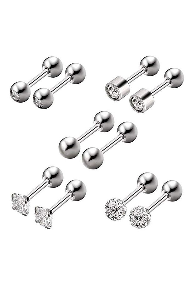 Gri Çelik 5 Takım Taşlı Erkek Küpe Piercing Eb61by - 1