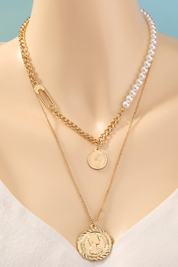 2 Layer Ancient Coin Gold Alloy Women's Chain Necklace En28