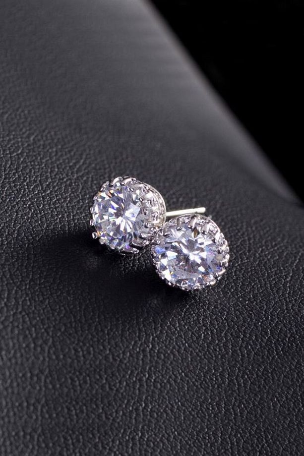 1 Carat Kral Tacı Motifli Beyaz Tek Taş Erkek Küpe Df09 - 1