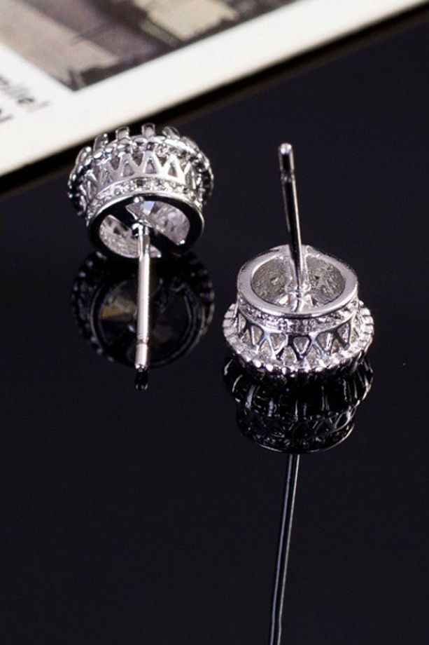 1 Carat Kral Tacı Motifli Beyaz Tek Taş Erkek Küpe Df09 - 2
