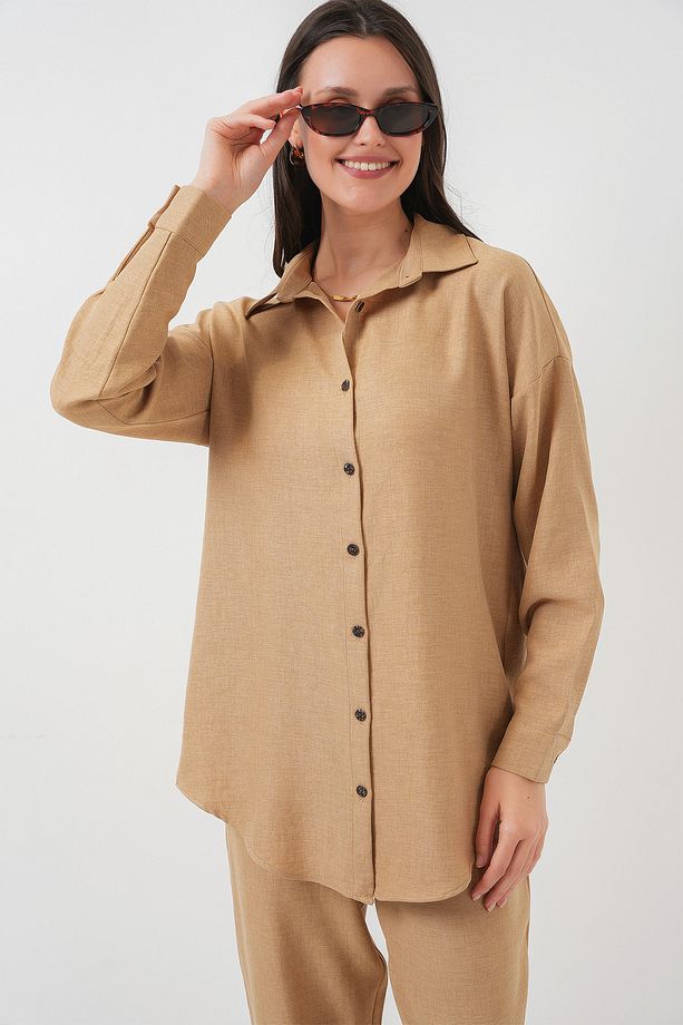 Kadın Camel Oversize Rahat Kalıp Keten Alt Üst Takım - 4