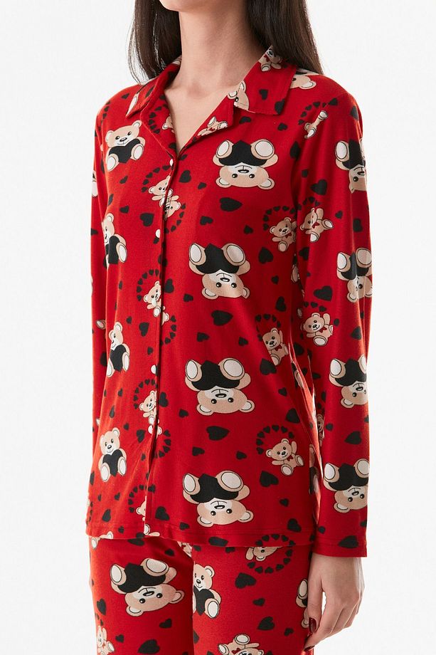 Süet Kumaş Düğmeli Ayıcıklı Pijama Takımı - 2