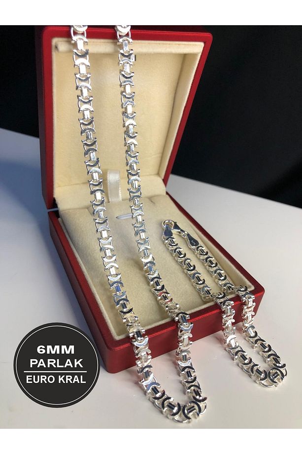 Erkek Gümüş Kolye Bileklik Set - 6mm Euro Kral Parlak Model Erkek Set • Işıklı Kutuda - 1
